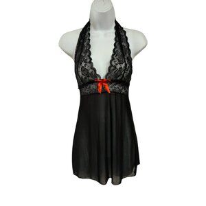 Sz.S*Black/Red Lacy & Mesh Semi-Sheer NIghtie